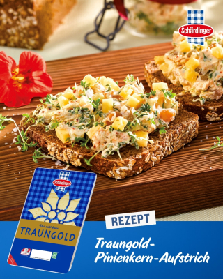 Traungold-Pinienkern-Aufstrich auf Schwarzbrot